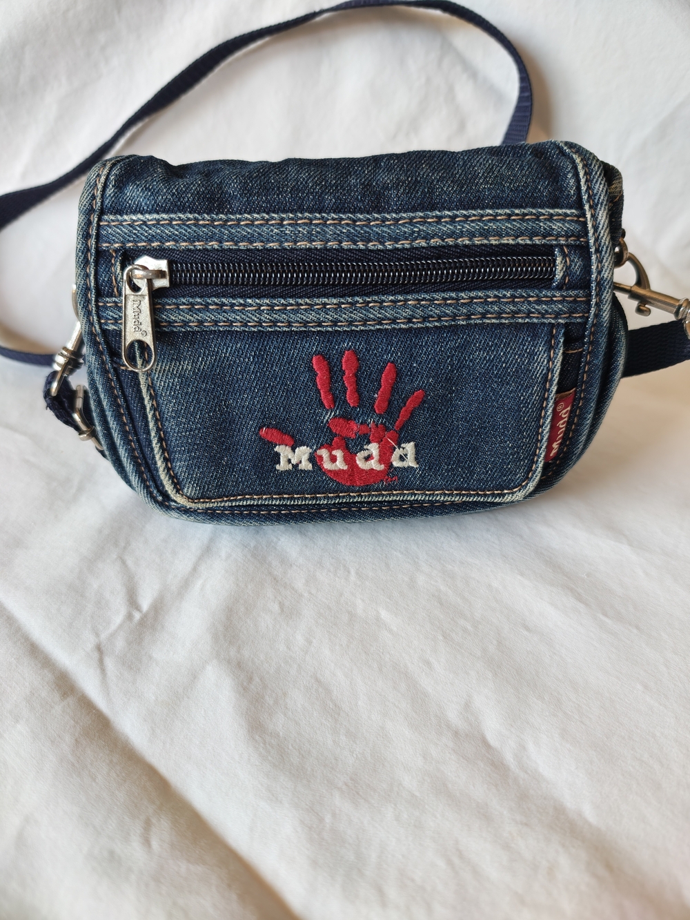 Y2K VTG Mudd Denim Crossbody Bag in Blue with Red Accent